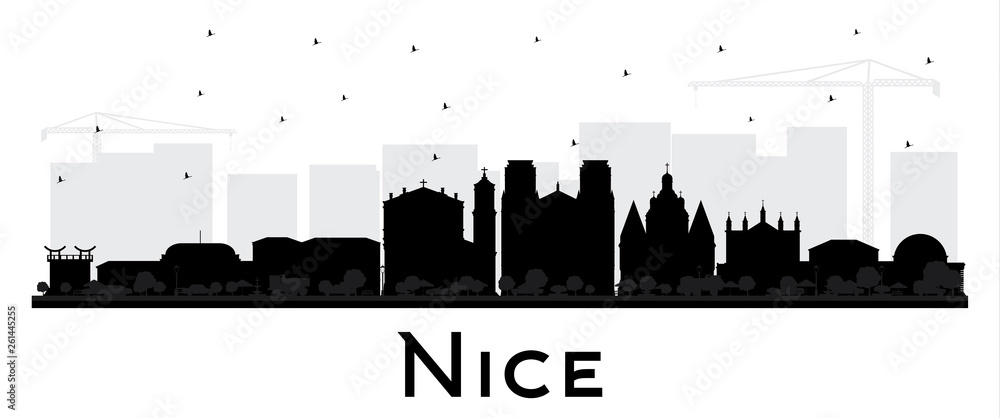 Nice France City Skyline Silhouette with Black Buildings Isolated on White.
