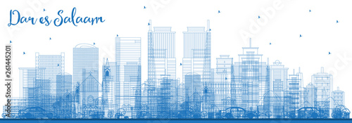 Outline Dar Es Salaam Tanzania Skyline with Blue Buildings.