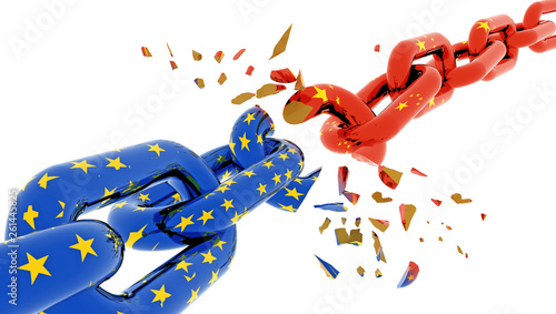 europe eu china crisis and flag chain break suttered in peaces - 3d rendering photo