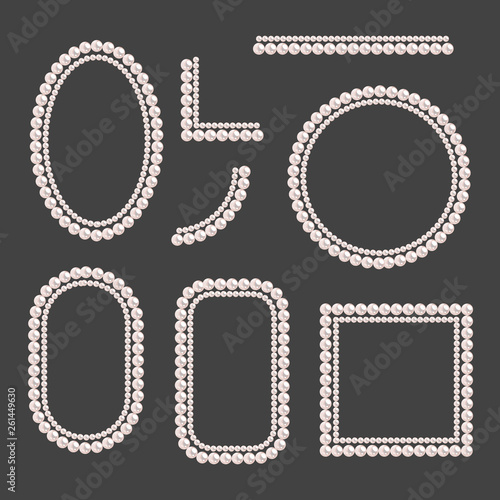 Set of pearl frames isolated on gray background. Vector borders and corners. Cream pearls.