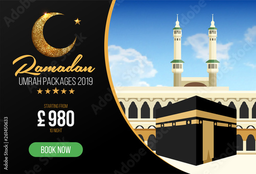 Banner or flyer design for Umrah Packages Ads, book cheap Ramadan umrah packages 2019. Umrah & Hajj Flyer Template. Vector