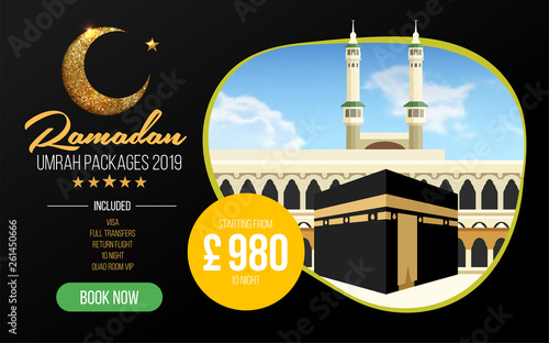 Banner or flyer design for Umrah Packages Ads, book cheap Ramadan umrah packages 2019. Umrah & Hajj Flyer Template. Vector