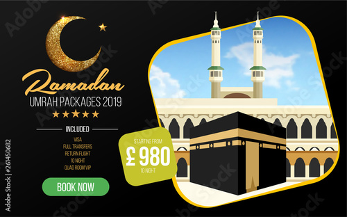 Banner or flyer design for Umrah Packages Ads, book cheap Ramadan umrah packages 2019. Umrah & Hajj Flyer Template. Vector