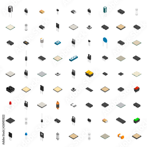 Set of different 3D electronic components , vector illustration.