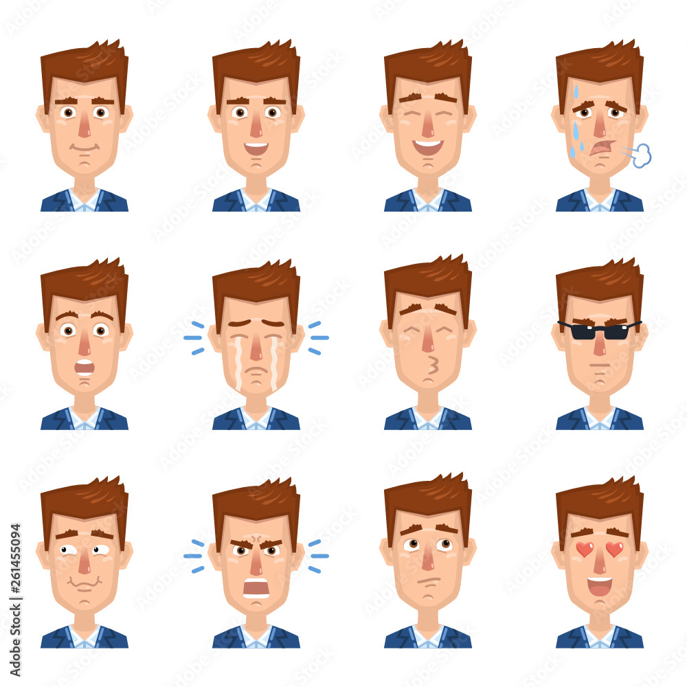 Big set of businessman emoticons. Man avatars showing different emotions. Happy, smile, sad, cry, angry, love, surprised, upset, laugh and other facial expressions. Flat style vector illustration Big set of businessman emoticons. Man avatars showing different emotions. Happy, smile, sad, cry, angry, love, surprised, upset, laugh and other facial expressions. Flat style vector illustration