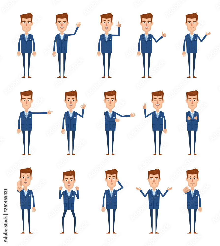 Set of businessman characters showing diverse hand gestures. Cheerful man pointing, greeting, showing thumb up, stop hand and other gestures. Flat design vector illustration Set of businessman characters showing diverse hand gestures. Cheerful man pointing, greeting, showing thumb up, stop hand and other gestures. Flat design vector illustration
