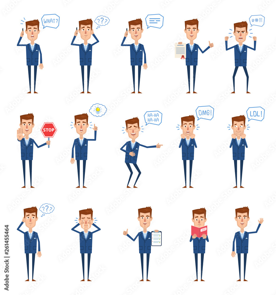 Set of businessman characters showing diverse actions, emotions. Cheerful businessman talking on phone, thinking, surprised, angry, reading book and doing other actions. Flat vector illustration