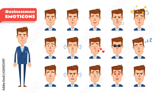 Set of businessman emoticons. Businessman emojis showing diverse facial expressions. Happy, sad, angry, dazed, surprised, serious, tired, sleepy and other emotions. Simple vector illustration