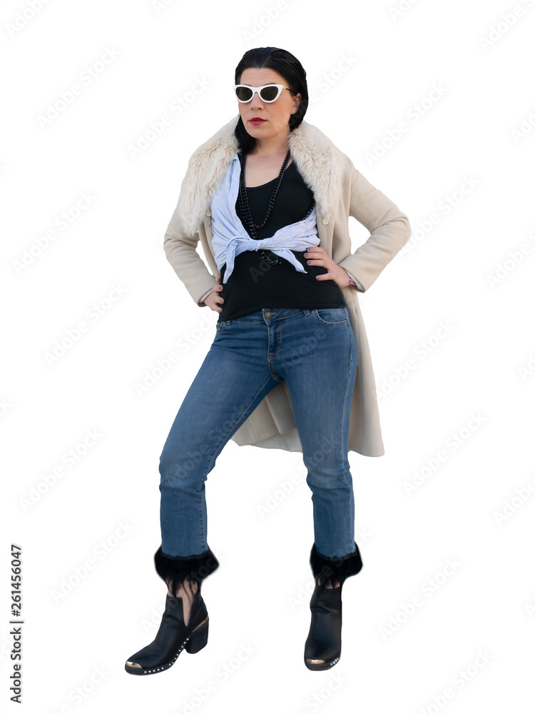 Female model posing with modern outfit isolated on white.