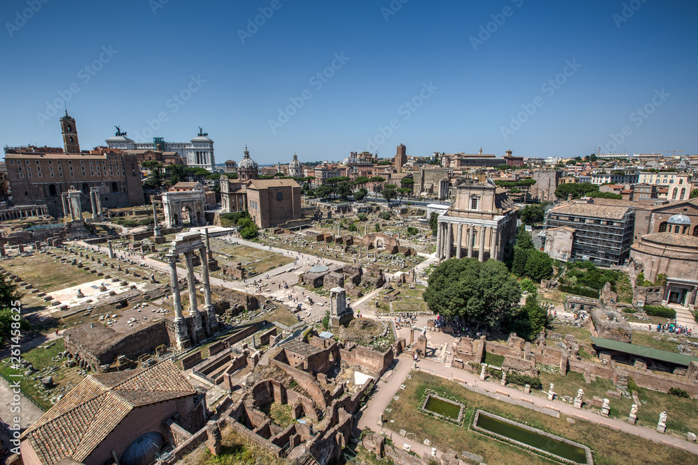 A aerial view of Roman Forum in Rome at sunny summer day