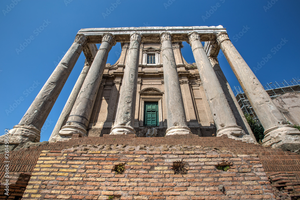 A view of Temple of Antoninus and Faustina inside the Roman Forum in Rome