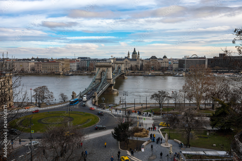 Aerial view of Chain Bridge over Danube river in Budapest