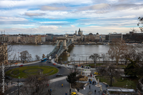 Aerial view of Chain Bridge over Danube river in Budapest © derege