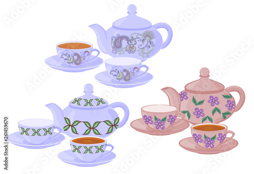 Teapots and cups with different patterns. Vector set of isolated teapots, cups of tea and empty cups.