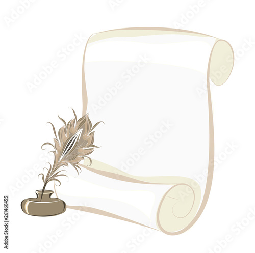 Scroll pen with ink. Vintage vector background with ancient instruments.