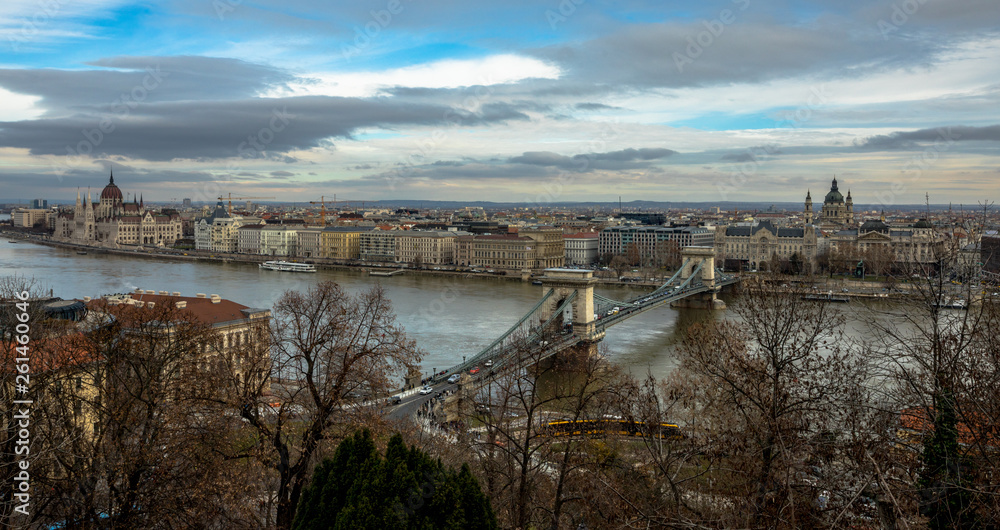 Aerial view of Chain Bridge over Danube river in Budapest Aerial view of Chain Bridge over Danube river in Budapest