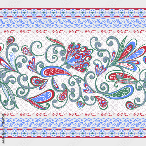 Abstract vintage pattern with decorative flowers, leaves and Paisley pattern in Oriental style.