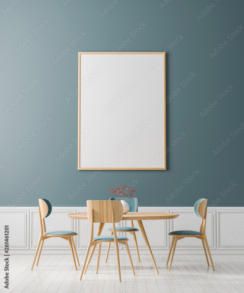 Mock up poster frame in Scandinavian style dining room. Minimalist dining room design. 3D illustration. Mock up poster frame in Scandinavian style dining room. Minimalist dining room design. 3D illustration.