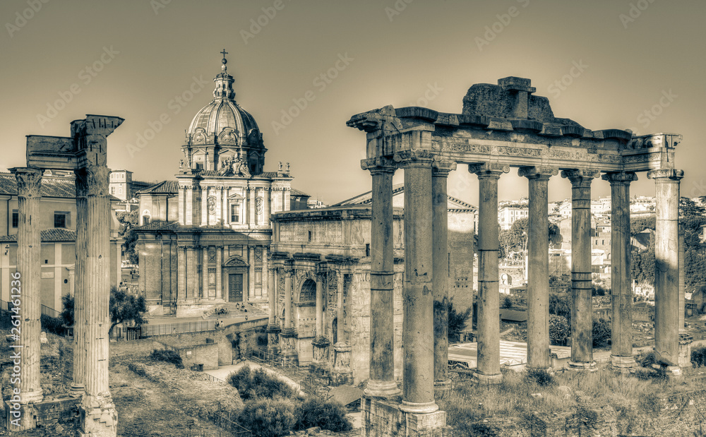 A view of Roman Forum in Rome at sunny summer day