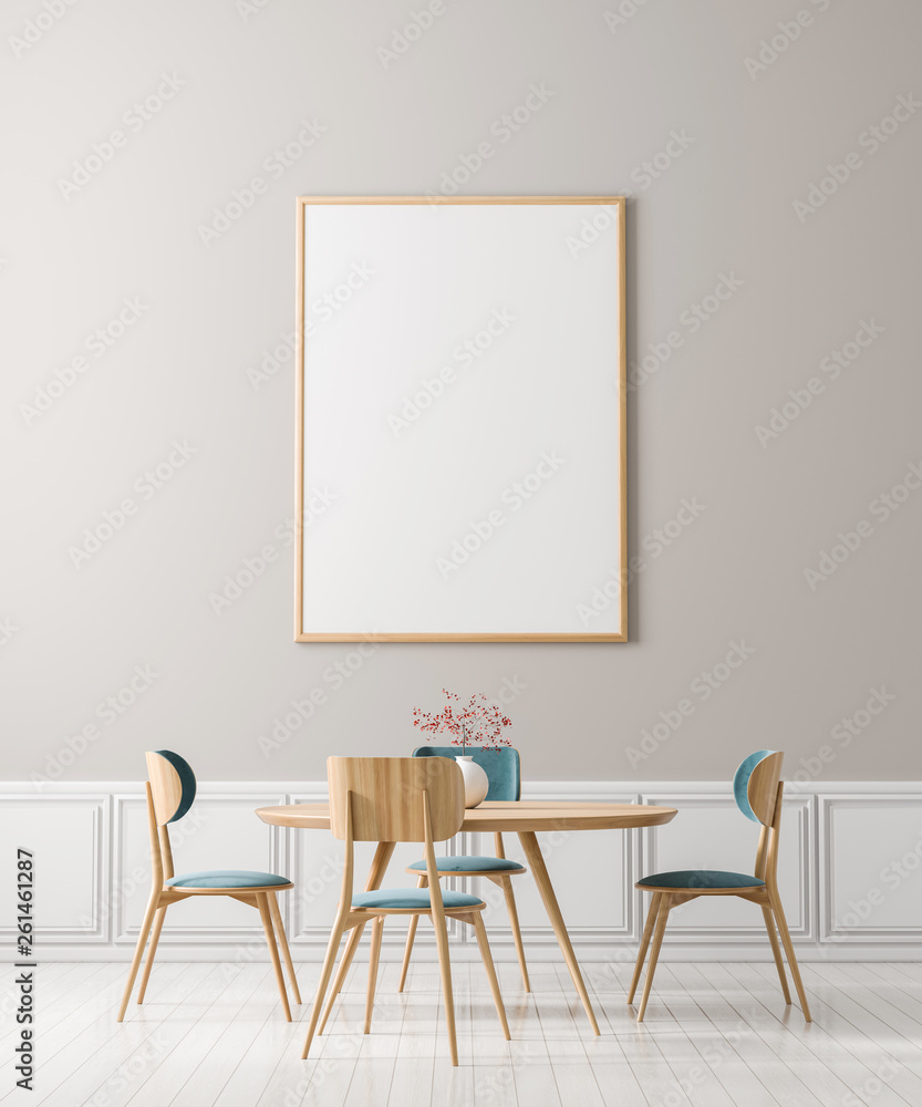 Mock up poster frame in Scandinavian style dining room. Minimalist dining room design. 3D illustration. Mock up poster frame in Scandinavian style dining room. Minimalist dining room design. 3D illustration.