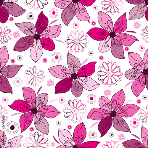 Seamless spring pattern with single pink doodle flowers