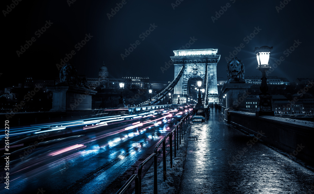A view of beautiful Chain Bridge in Budapest  at evening time