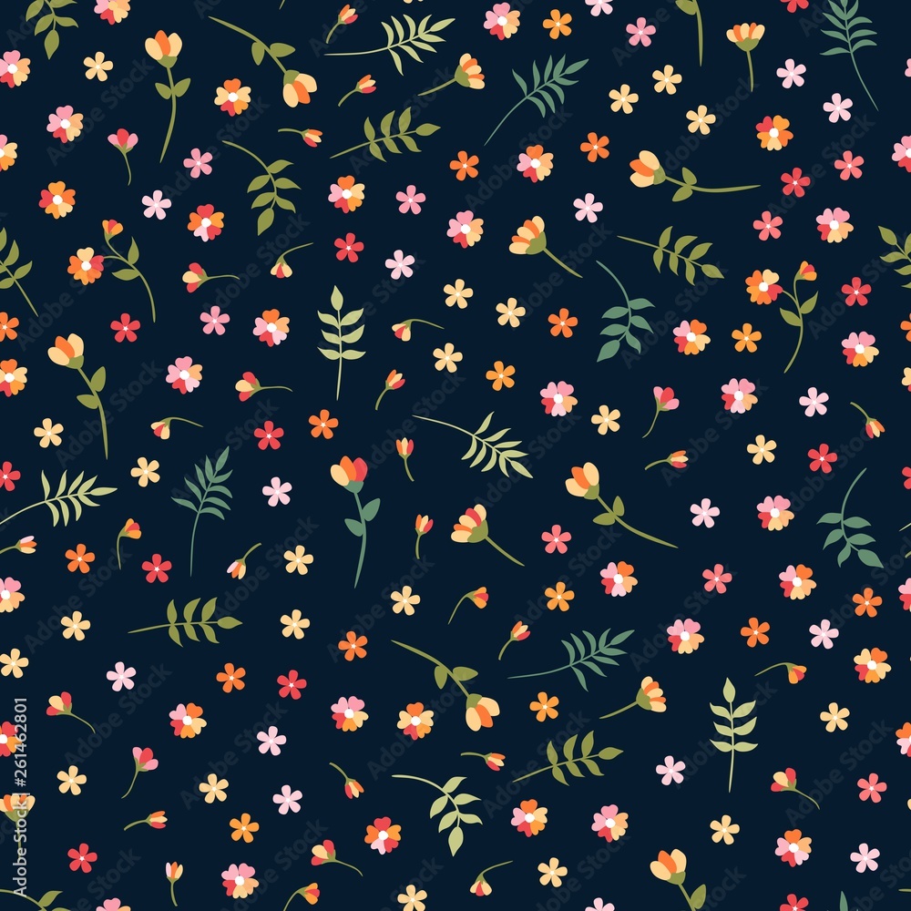 Ditsy seamless floral pattern with colorful wild flowers and leaves on black background. Beautiful vector illustration. Fashion design.