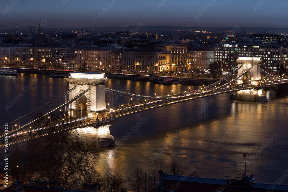 Aerial view of Budapest city scene at night time