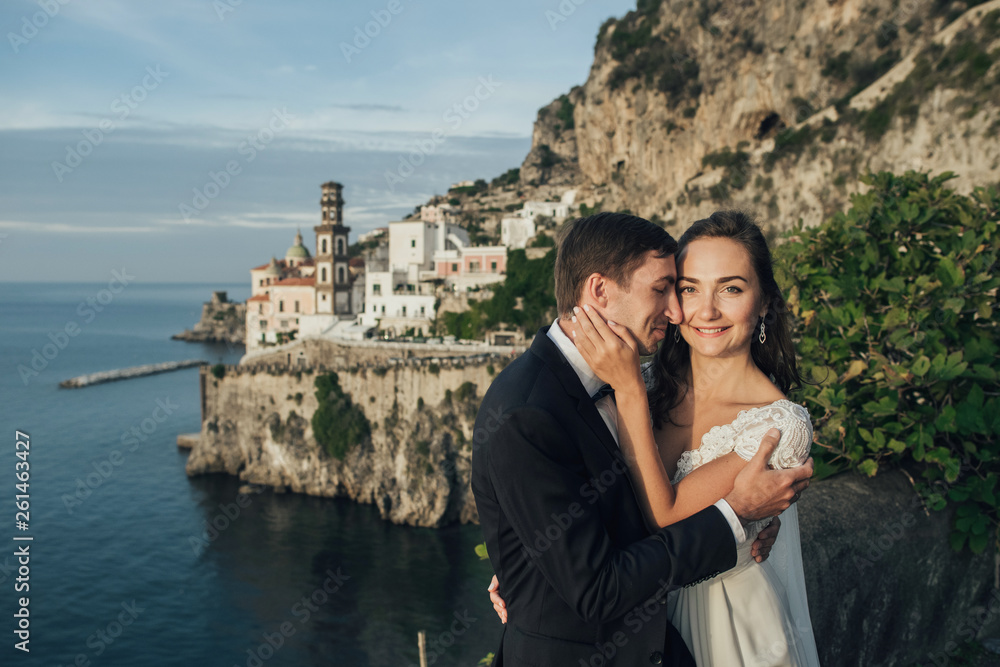 Young wedding couple having fun Time in Italy. Young wedding couple having fun Time in Italy.