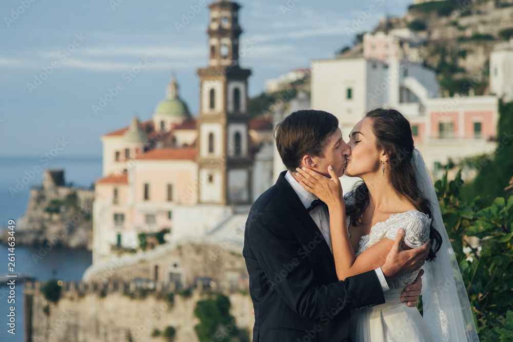 Young wedding couple having fun Time  in Italy.