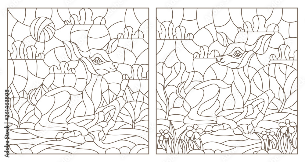 Set of contour illustrations of stained glass Windows with fawns on the background of landscapes, dark contours on a white backgroun