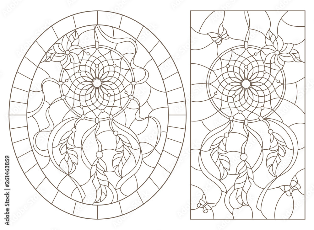 Set of outline illustrations of stained glass Windows with dream catchers, dark outline on white background