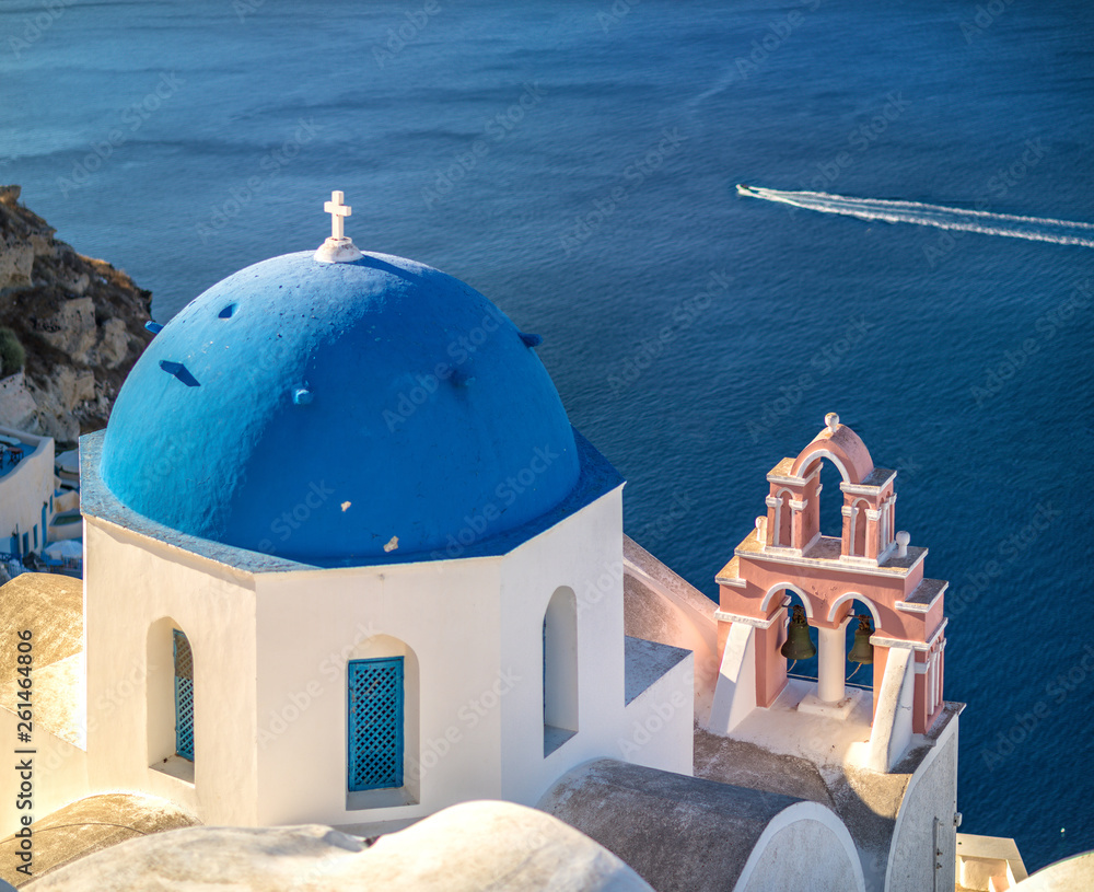 Santorini island church, white and blue
