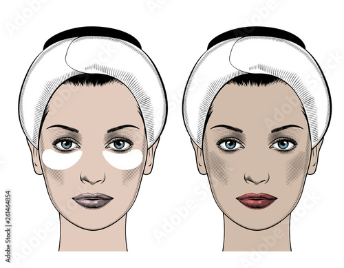 Spa Woman applying Facial clay Mask. Eye patches smoothing deep wrinkles. Beautiful woman portrait. Beauty Treatments. Vector Illustration.