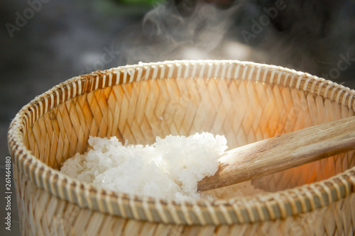 Steamed glutinous rice in a steamer