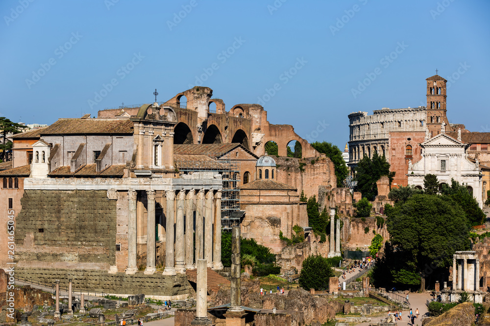 A view of Roman Forum in Rome at sunny summer day