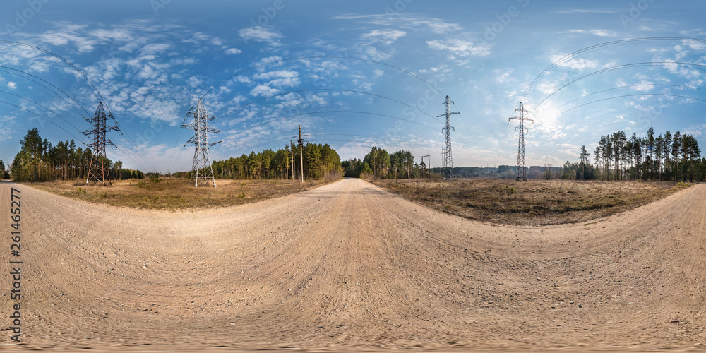 full seamless spherical hdri panorama 360 degrees angle view near high voltage electric pylon towers on gravel road in equirectangular projection, VR AR content