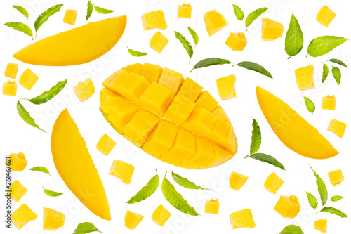 Mango fruit with slice cut with leaf isolated white background