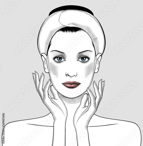 Beautiful woman portrait. Spa facial Massage. Face Massage in beauty spa salon. Vector Illustration.