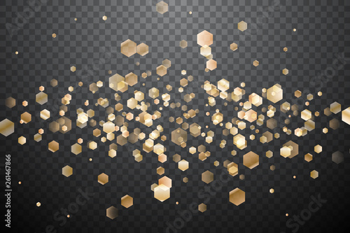 Shiny hexagonal glitter on a simple background, transparent blurred particles