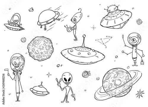 Set of Cartoon Alien Monster Characters , UFO Space Ships and Planets
