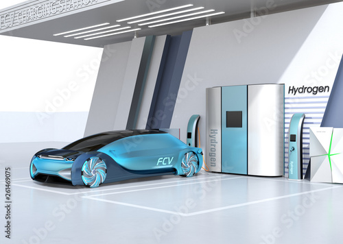 Fuel Cell powered autonomous car filling gas in Fuel Cell Hydrogen Station. 3D rendering image. photo