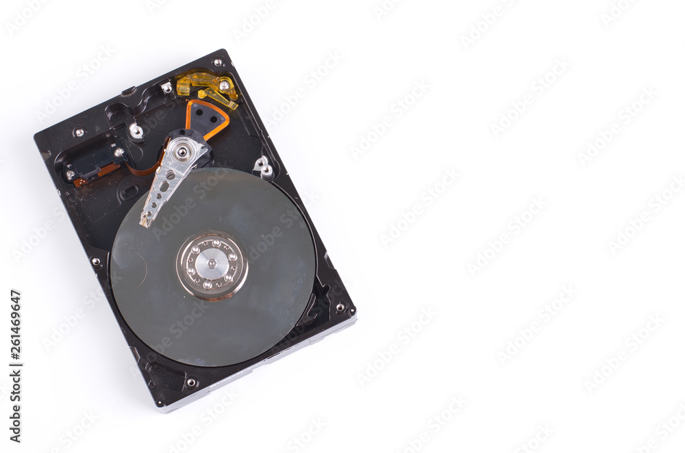 Data recovery or computer forensics concept, dusty dismantle hard disk on white background Data recovery or computer forensics concept, dusty dismantle hard disk on white background