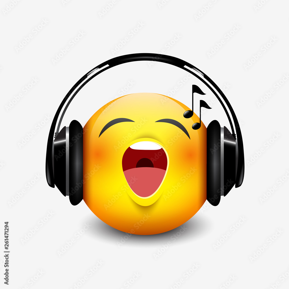 Cute singing emoticon with black headset, emoji Stock Vector Adobe Stock