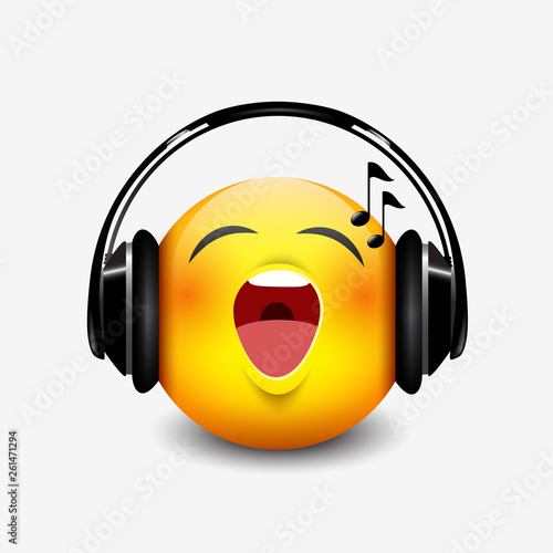Cute singing emoticon with black headset, emoji