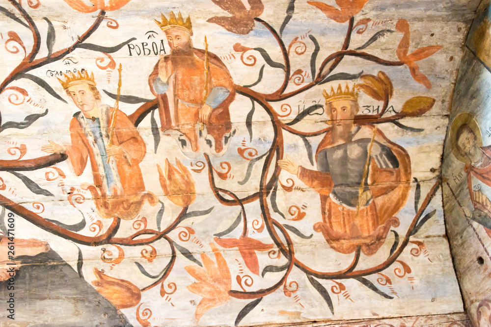 Drohobych, Ukraine - May 20 2018- Ancient Mural at St. George's Church in Drohobych, Ukraine. It is part of the World Heritage Site - Wooden Tserkvas of the Carpathian Region in Poland and Ukraine.