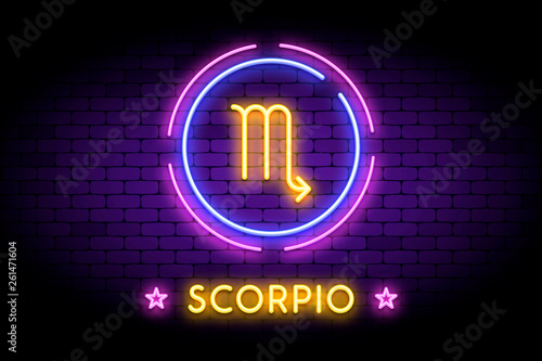 The Scorpio zodiac symbol, horoscope sign in trendy neon style on a wall. Scorpio astrology sign with light effects for web or print.