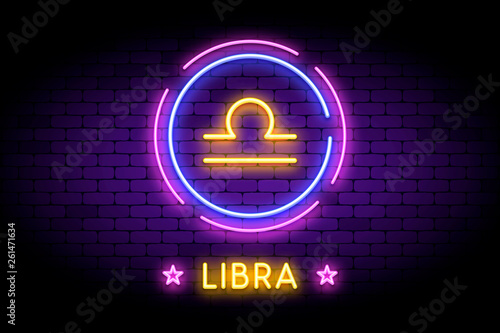 The Libra zodiac symbol, horoscope sign in trendy neon style on a wall. Libra astrology sign with light effects for web or print.