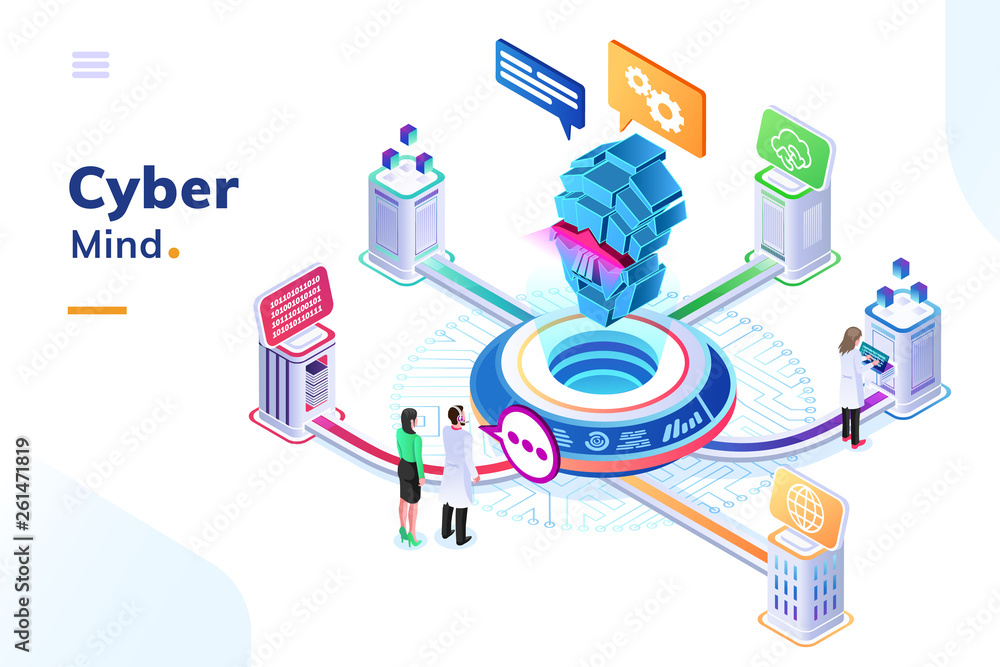 Computer mind or artificial intelligence brain at isometric office with  people. AI connected to digital cloud doing calculation and analytic. Big  data center or datacenter server. Future technology Stock-Vektorgrafik |  Adobe Stock
