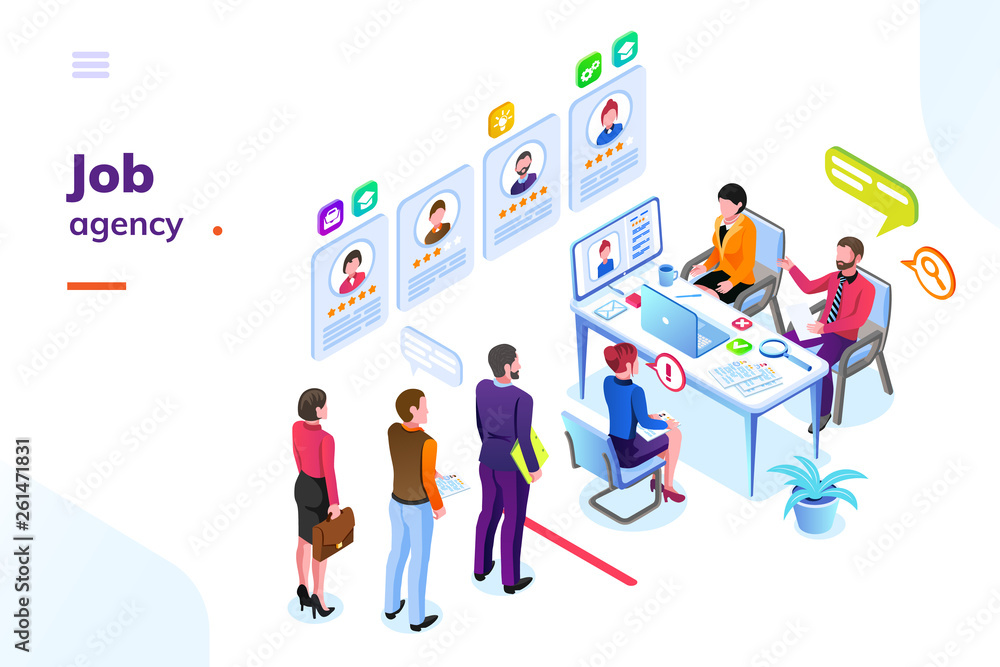 Job or hiring agency isometric view. Hire or recruitment business room with people in queue. Man and woman looking for work at office. Employer or applicant, contender or challenger interview
